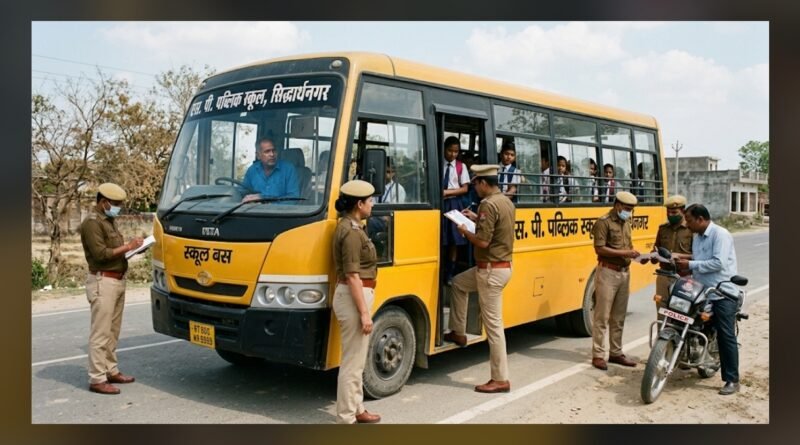 मिशन सेफ फ्यूचर: सिद्धार्थनगर में 22 स्कूली वाहनों की जांच, ओवरलोडिंग पर सख्त कार्रवाई, कई स्कूल वाहनों में नहीं दिखे परिचालक